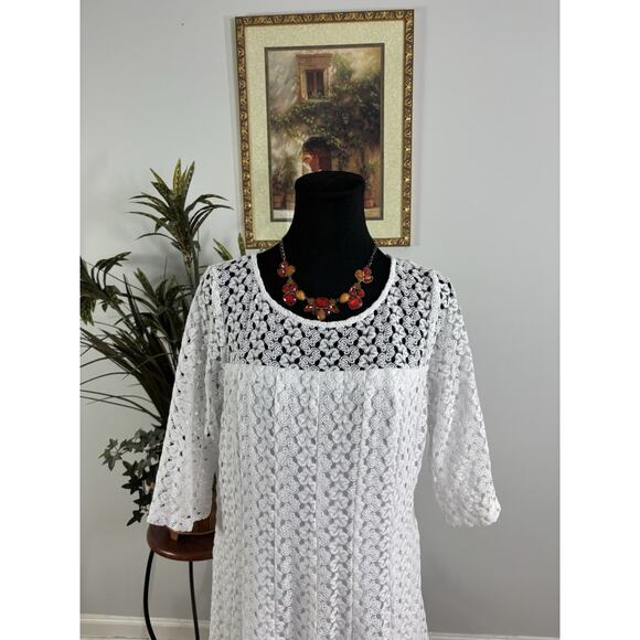 Rabbit Design Lace Dress 16 Short Sleeve Boho Vacation Peplum Hem Preppy White - Picture 2 of 8